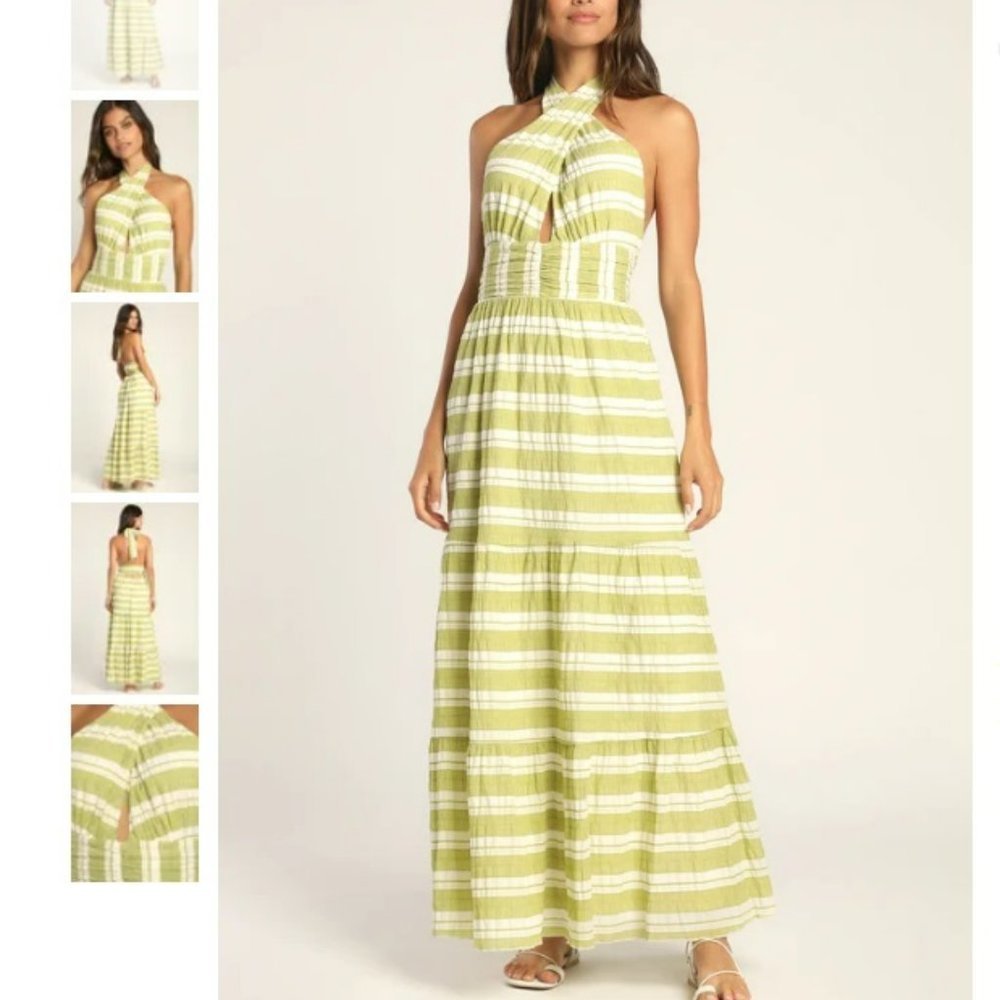 NEW Lulus Stripe for the Picking Green Striped Tiered Halter Maxi Dress M summer